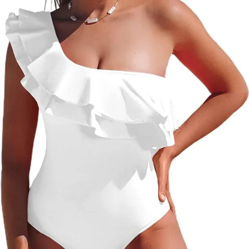 Hot Pink Swimsuit One Piece One Shoulder Ruffle by Hilinker - SZ XL NEW - Picture 2 of 6